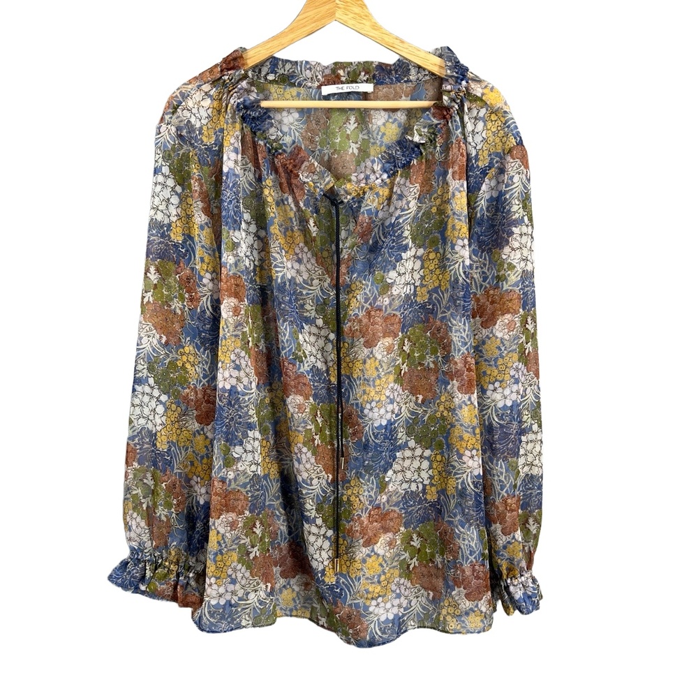 The Fold London Silk Blouse Floral Sheer Long Sleeve Ruffles Loose Fit US 10‎